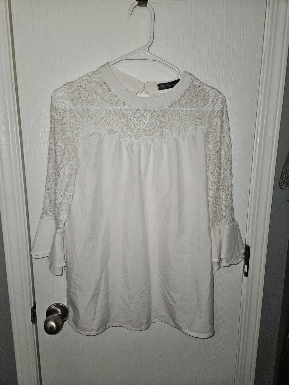 Zanzea White Lace Yoke Bell-Sleeve Blouse